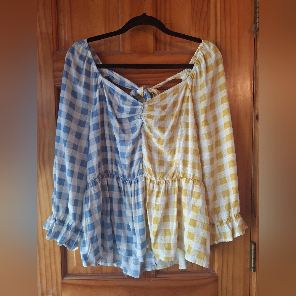 Gingham Checkered Women's Top - Blue and Yellow By Cato XL